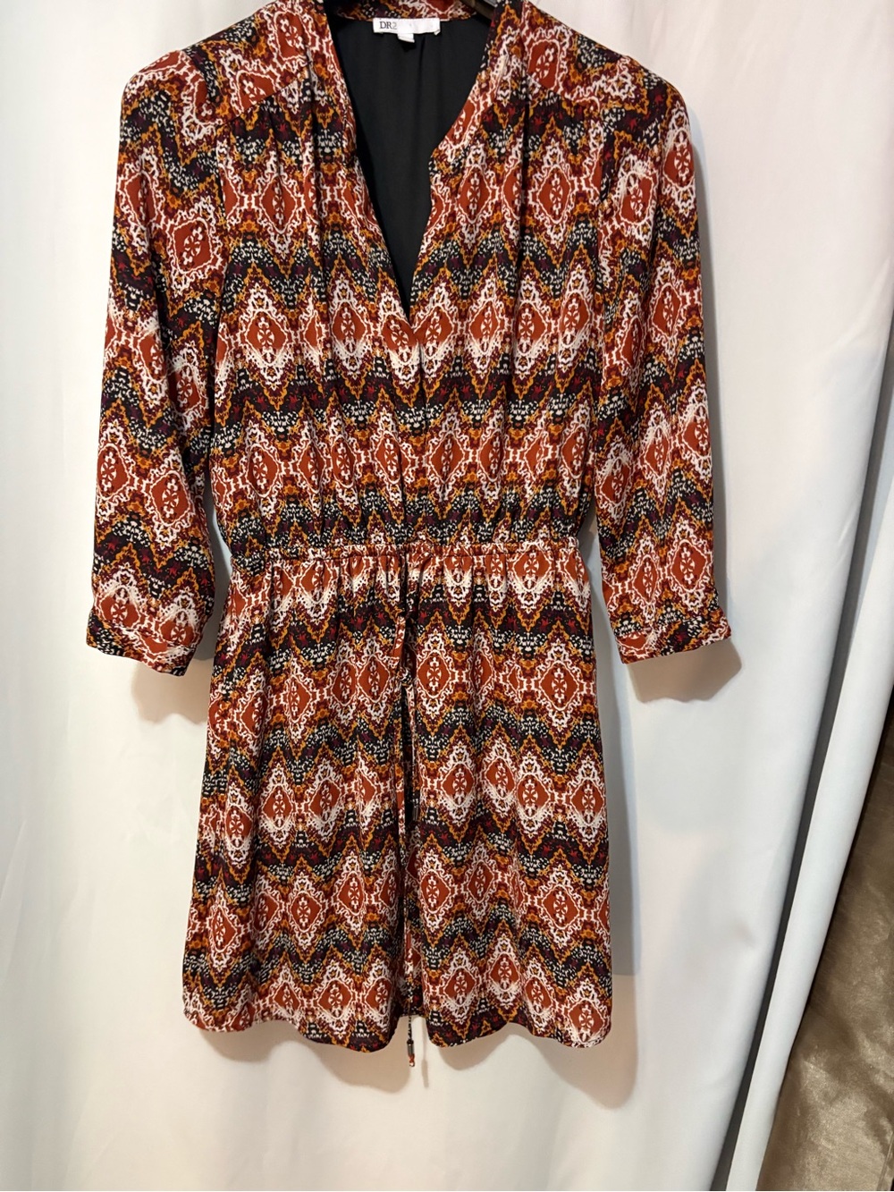 DR2 Rust Multi-Color Printed V-Neck Long Sleeve Dress